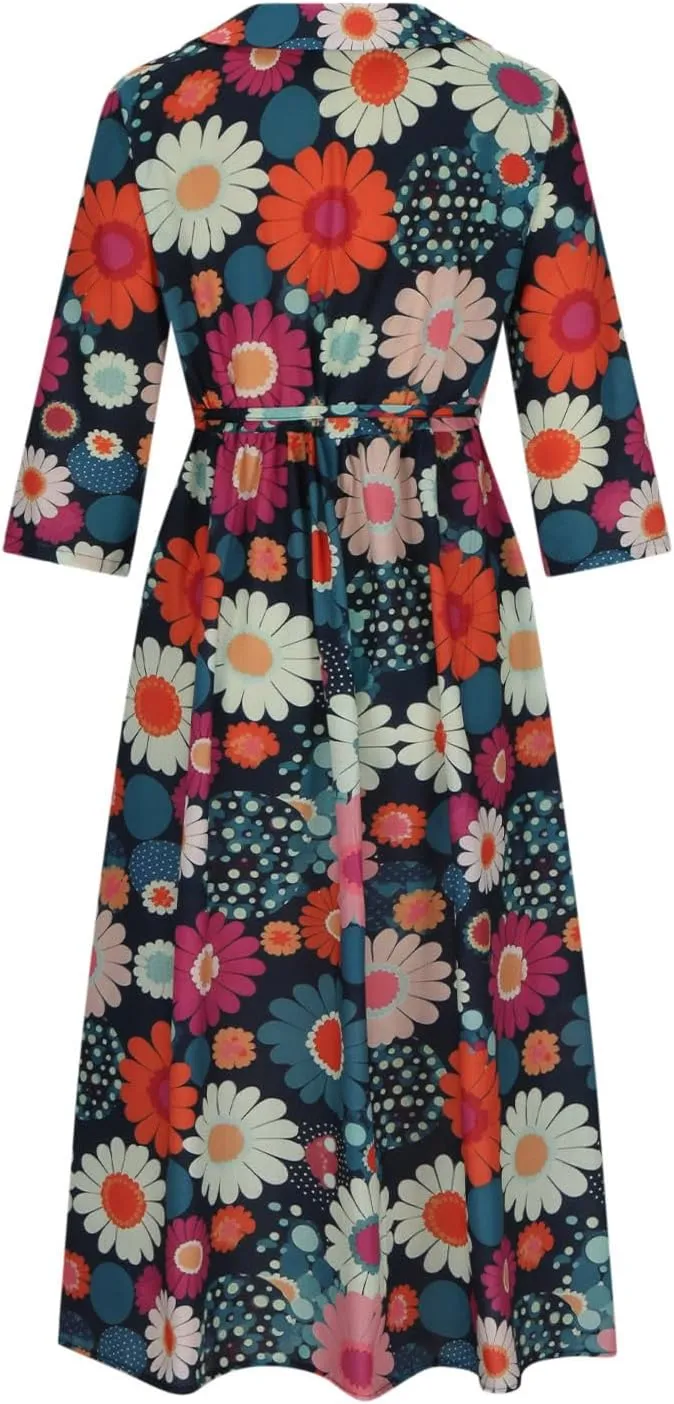 Ceboyel Women Bohemian Cotton Linen Dresses 3/4 Sleeve Maxi Long Dress Plain Classic Dresses Trendy Boho Dresses with Belt