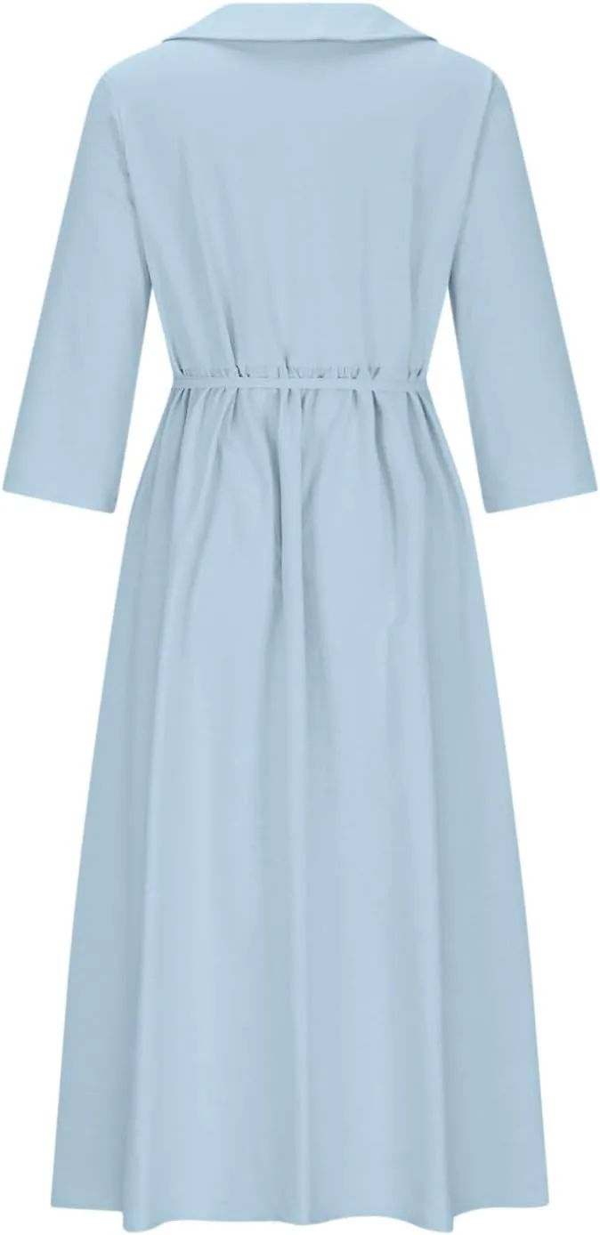 Ceboyel Women Bohemian Cotton Linen Dresses 3/4 Sleeve Maxi Long Dress Plain Classic Dresses Trendy Boho Dresses with Belt