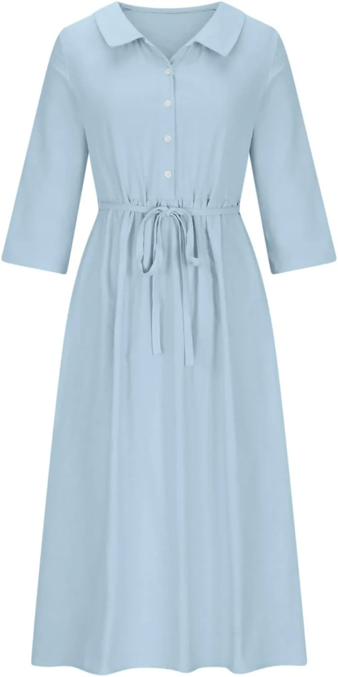 Ceboyel Women Bohemian Cotton Linen Dresses 3/4 Sleeve Maxi Long Dress Plain Classic Dresses Trendy Boho Dresses with Belt