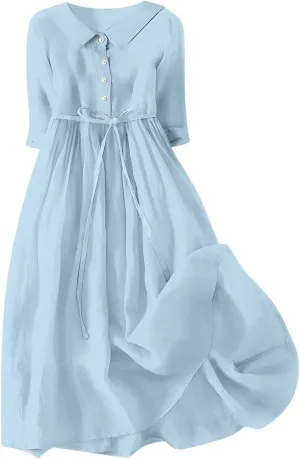 Ceboyel Women Bohemian Cotton Linen Dresses 3/4 Sleeve Maxi Long Dress Plain Classic Dresses Trendy Boho Dresses with Belt