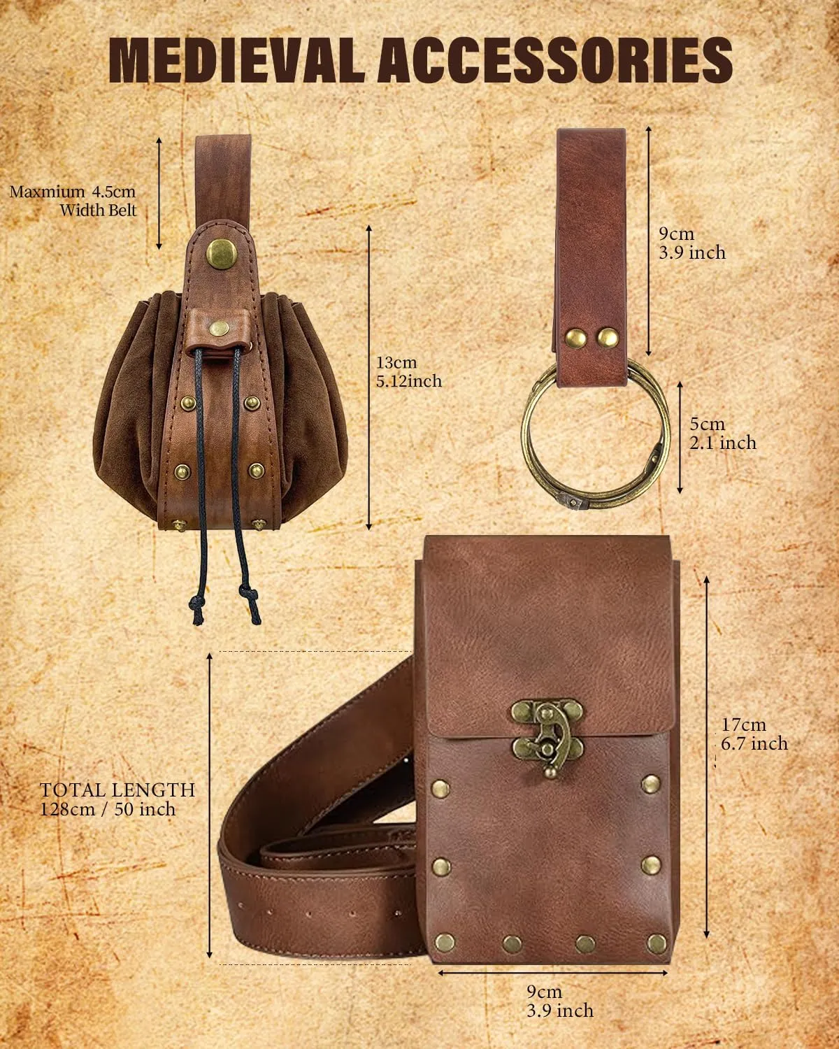 Cellphone Holder Retro Belt Pouch Waist Bag Fanny Pack Steampunk Medieval Renaissance Purse Halloween Costume Accessory (2Pouch-Brown)