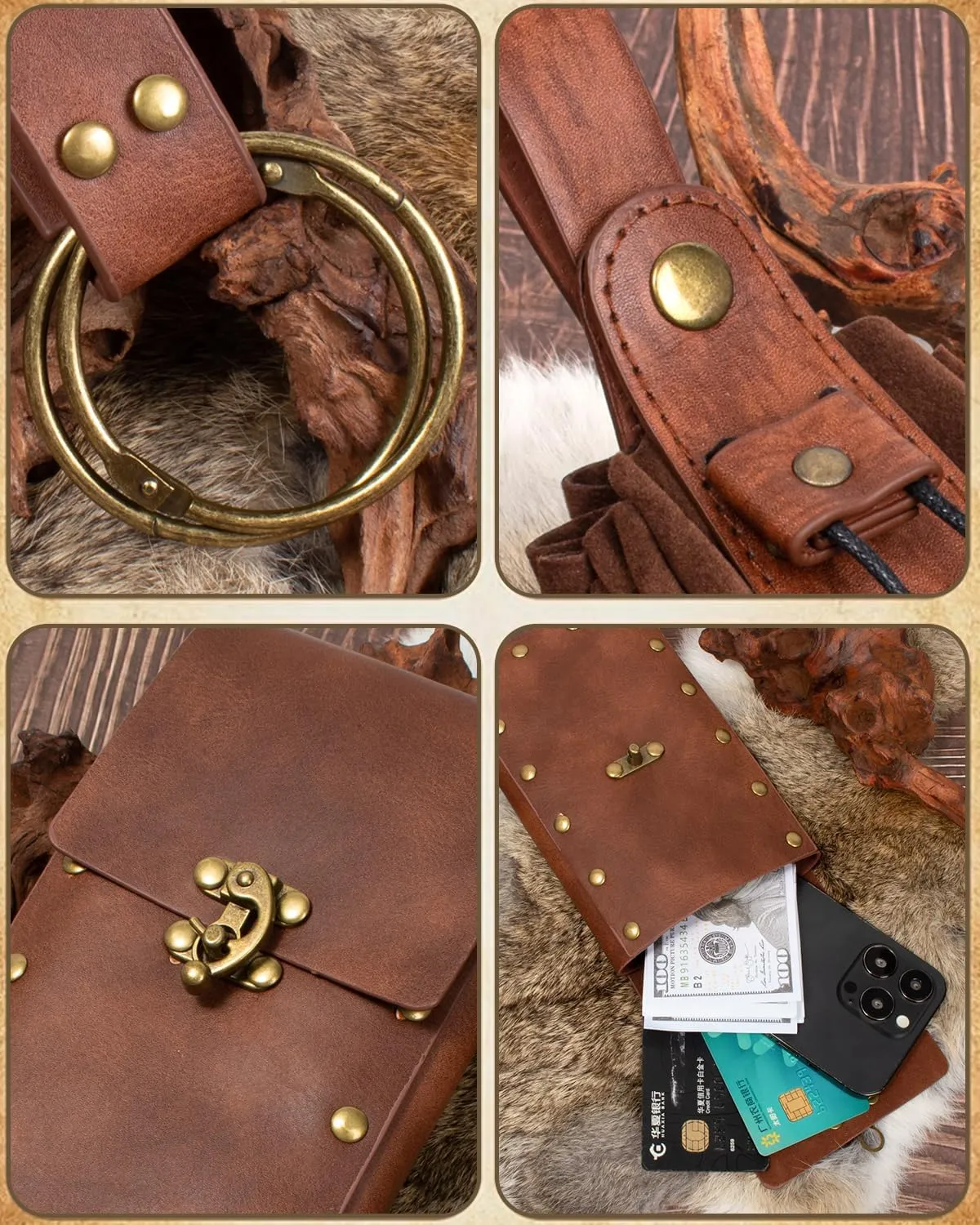 Cellphone Holder Retro Belt Pouch Waist Bag Fanny Pack Steampunk Medieval Renaissance Purse Halloween Costume Accessory (2Pouch-Brown)
