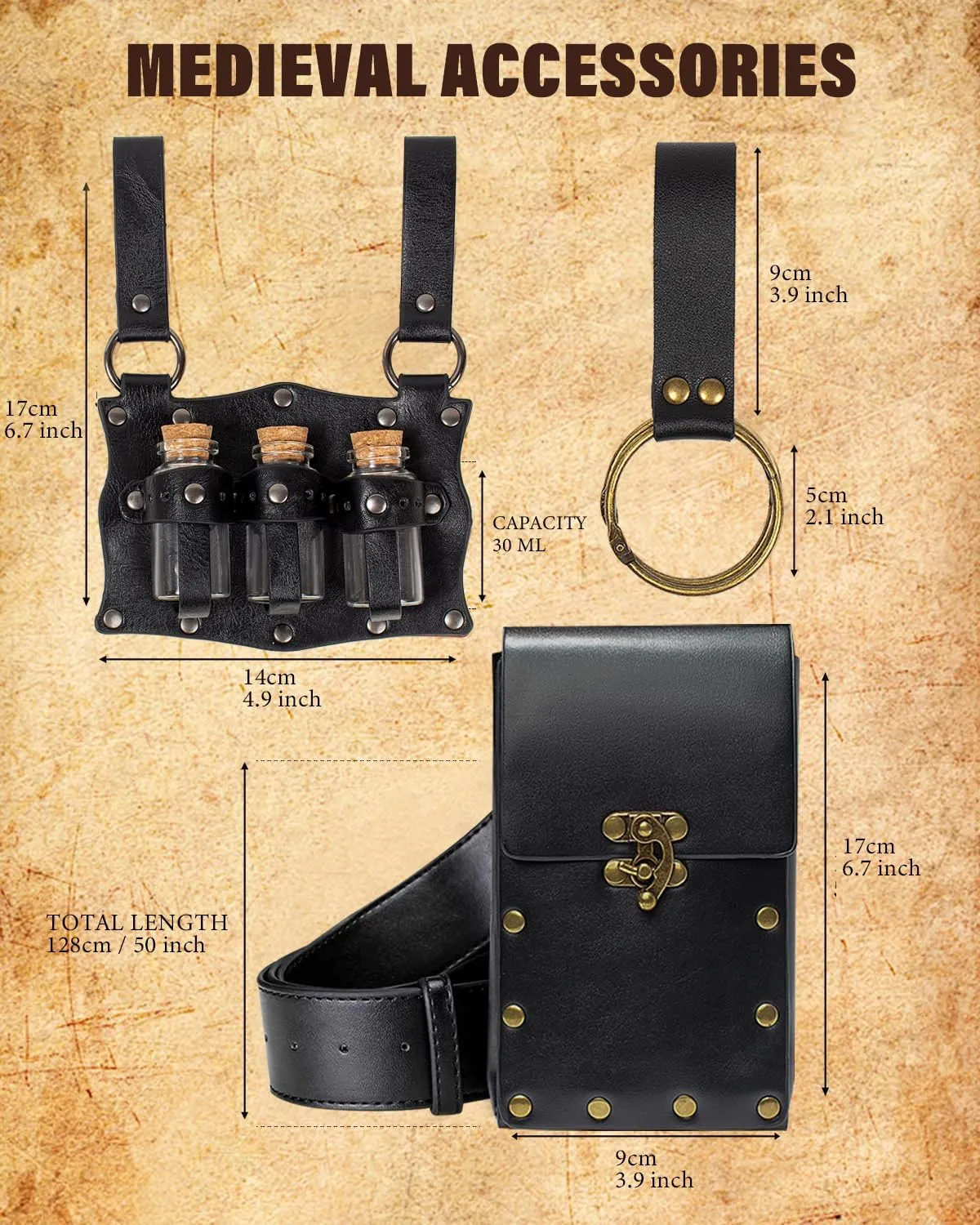 Cellphone Holder Retro Belt Pouch Waist Bag Fanny Pack Steampunk Medieval Renaissance Purse Halloween Costume Accessory (3Bottle-Black)