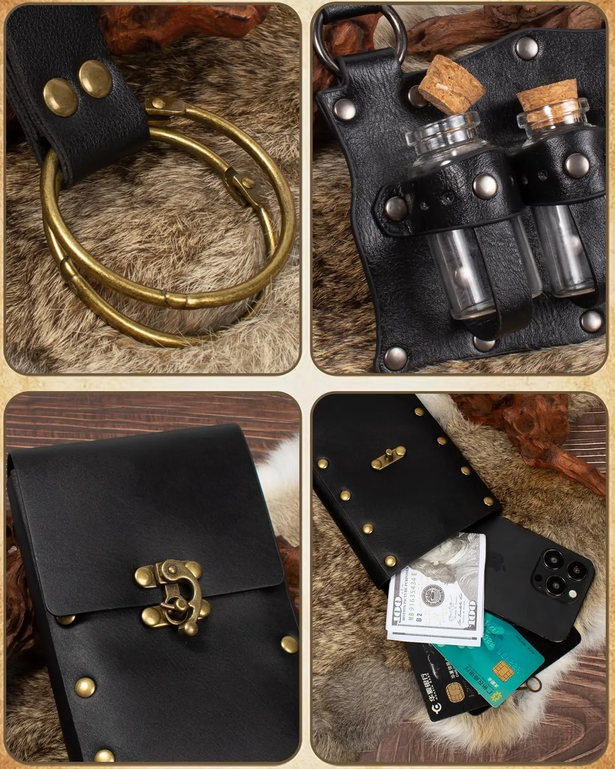 Cellphone Holder Retro Belt Pouch Waist Bag Fanny Pack Steampunk Medieval Renaissance Purse Halloween Costume Accessory (3Bottle-Black)