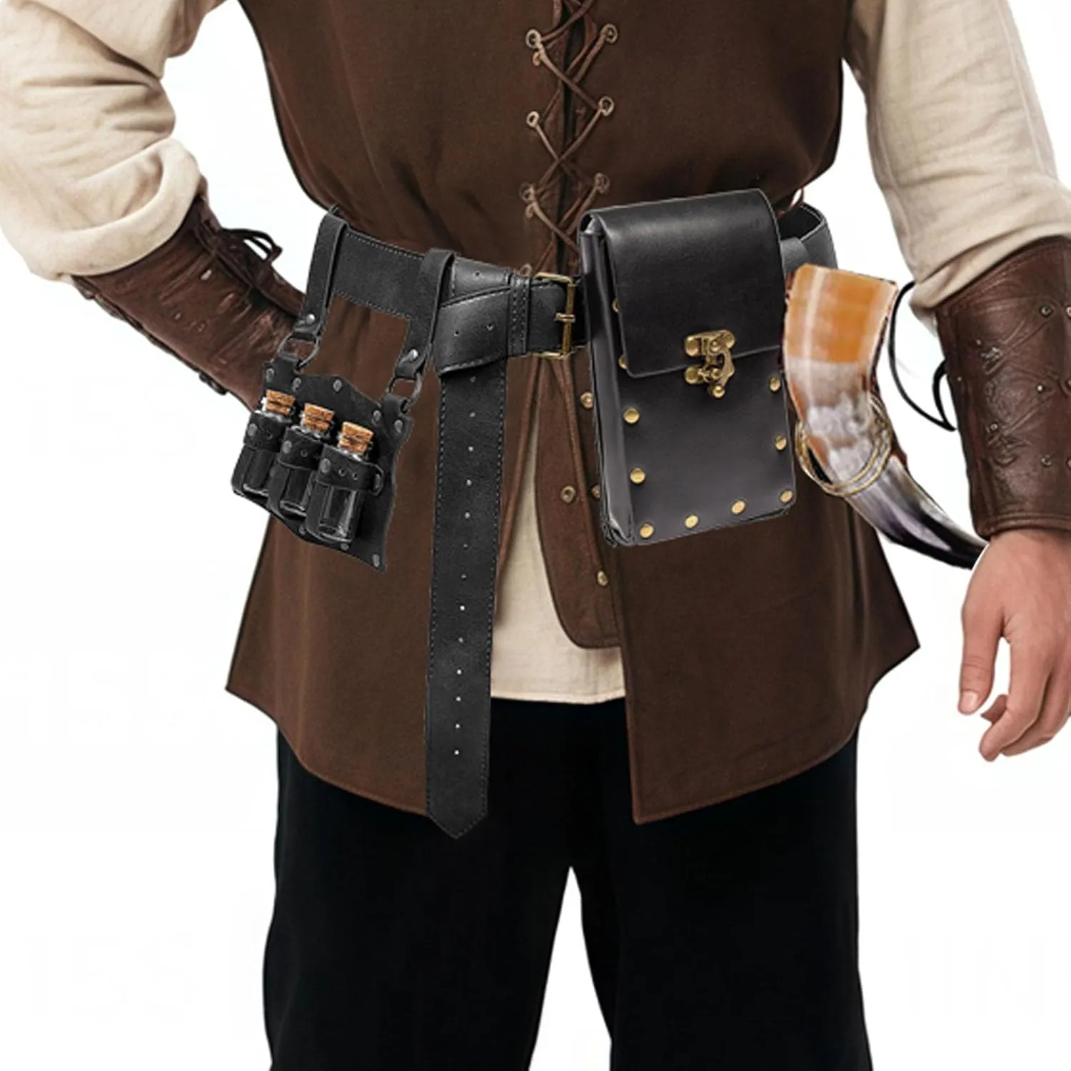 Cellphone Holder Retro Belt Pouch Waist Bag Fanny Pack Steampunk Medieval Renaissance Purse Halloween Costume Accessory (3Bottle-Black)