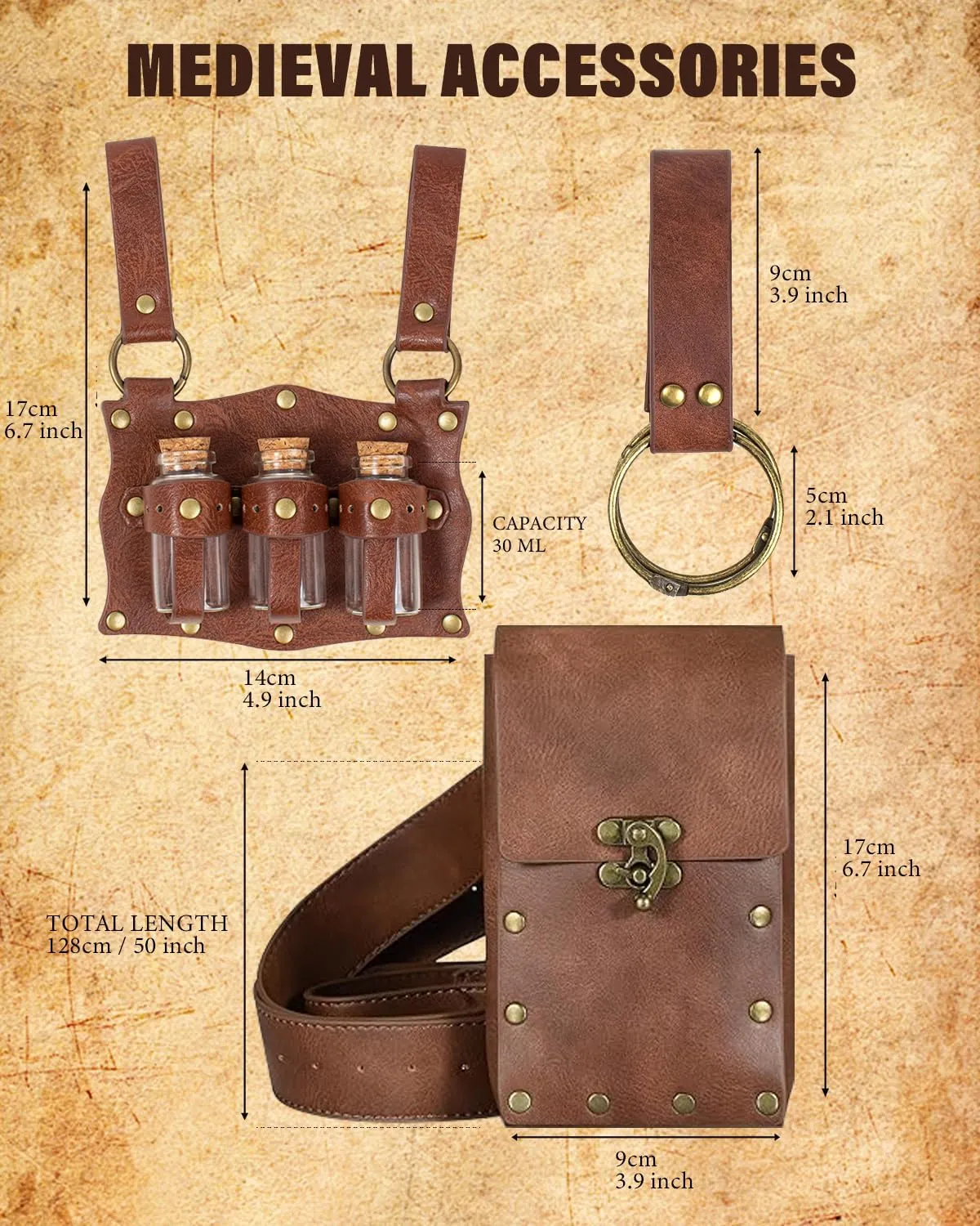 Cellphone Holder Retro Belt Pouch Waist Bag Fanny Pack Steampunk Medieval Renaissance Purse Halloween Costume Accessory (3Bottle-Brown)