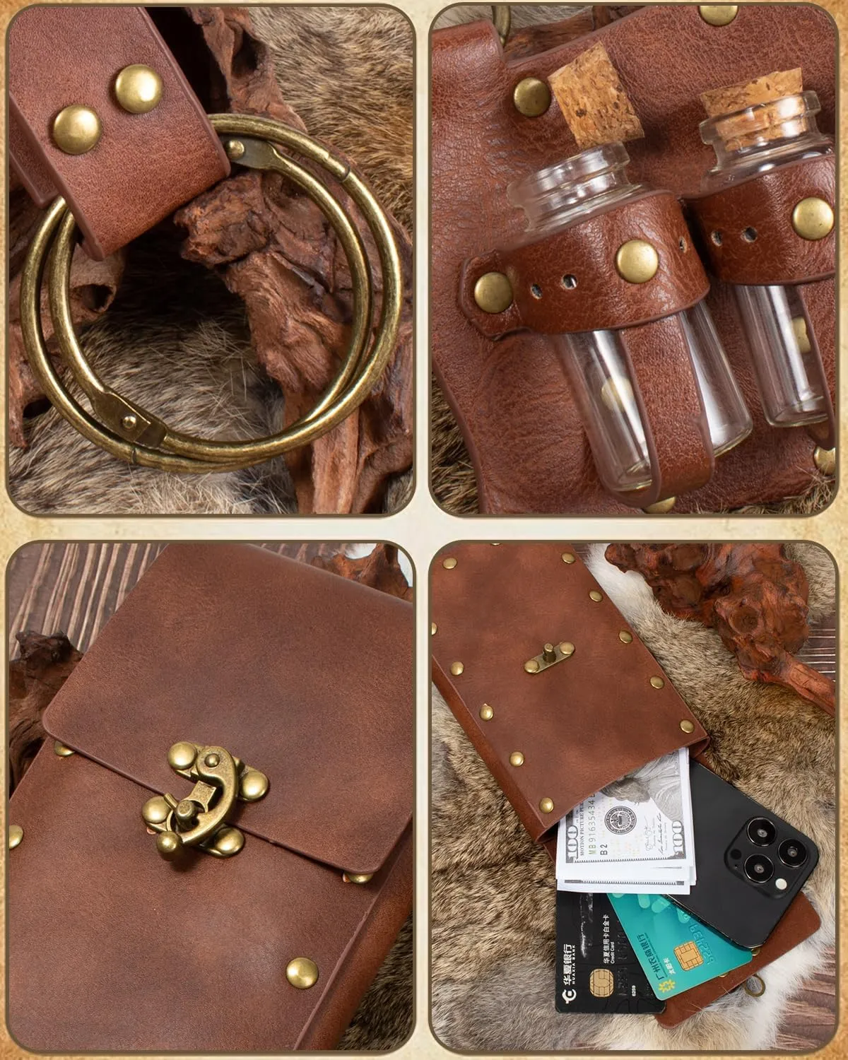 Cellphone Holder Retro Belt Pouch Waist Bag Fanny Pack Steampunk Medieval Renaissance Purse Halloween Costume Accessory (3Bottle-Brown)