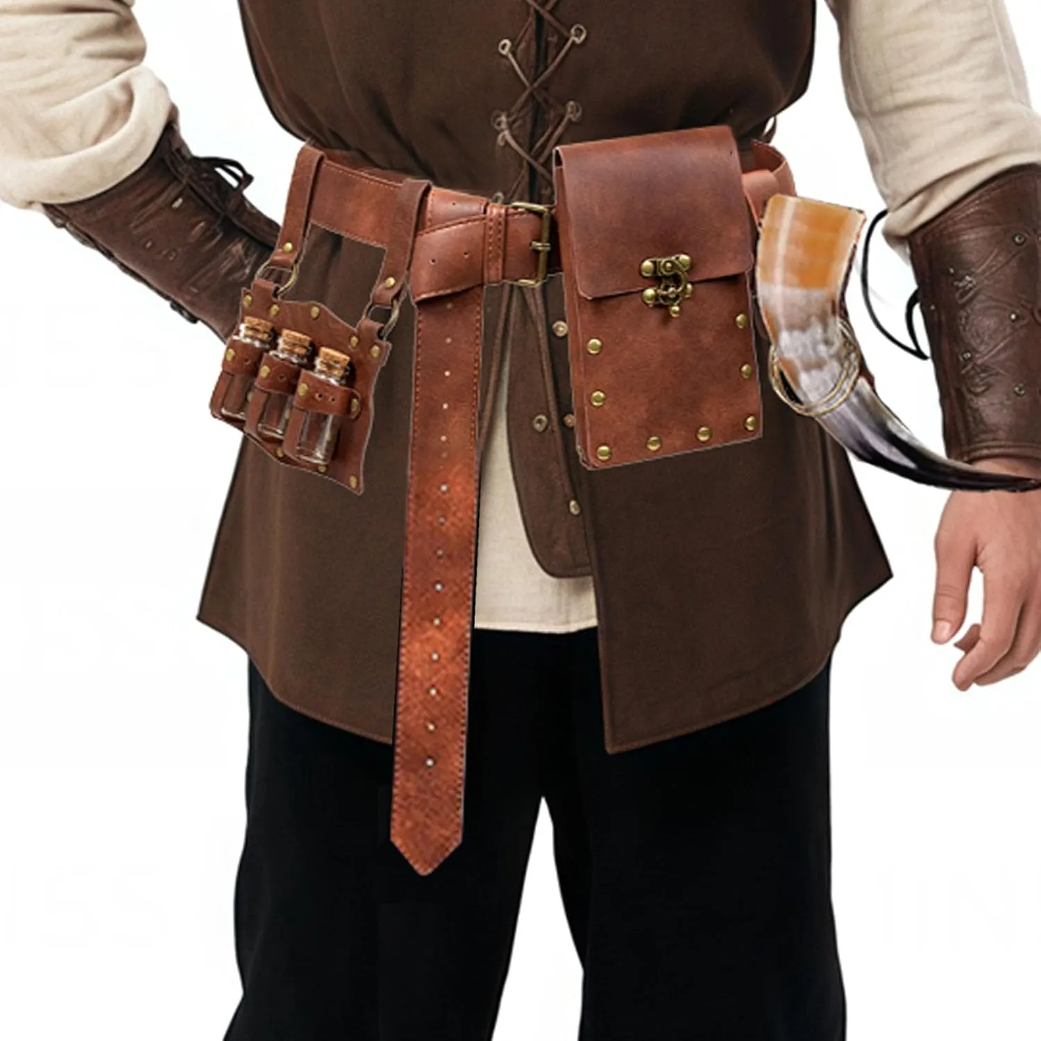 Cellphone Holder Retro Belt Pouch Waist Bag Fanny Pack Steampunk Medieval Renaissance Purse Halloween Costume Accessory (3Bottle-Brown)