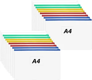 CertBuy 60 Pcs Poly Zip Envelopes, A4 Letter Size Plastic Files Zipper Folders Reusable Pencil Bags Clear Zipper Folder with Label Pocket for School Office Travel Storage Supplies (5 Color)