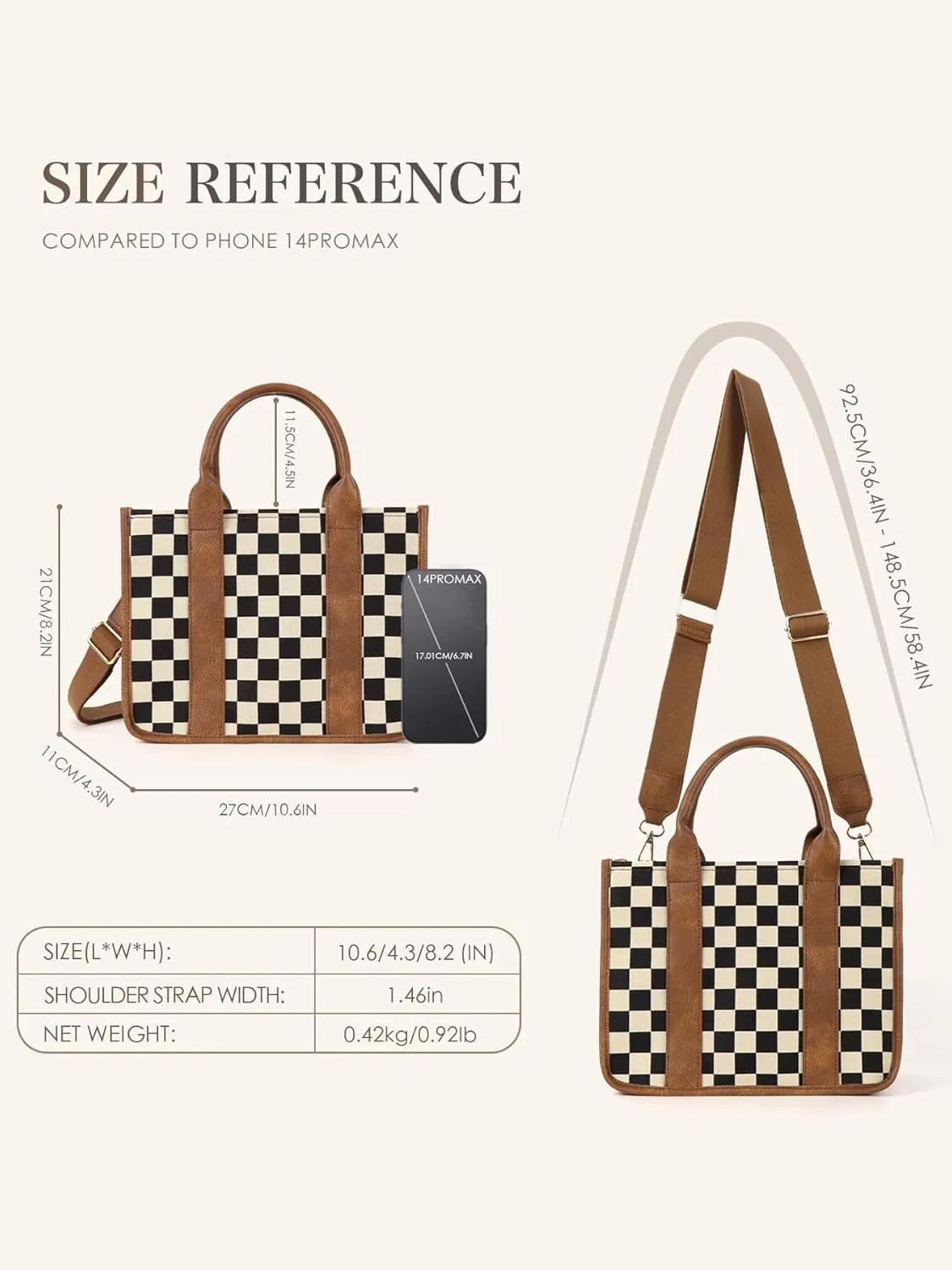Checkered Tote Bag for Women,Canvas Crossbody Bag,Top Handle Purse Black and White Checkered Shoulder Bag