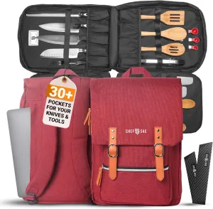 Chef Sac Chef Knife Bag Vintage Backpack | 30  Pockets for Knives and Chef Tools | Knife Carrying Case with Hidden Back Pocket for Tablet | Sturdy Knife Bag for Chefs & Culinary Work (Red)