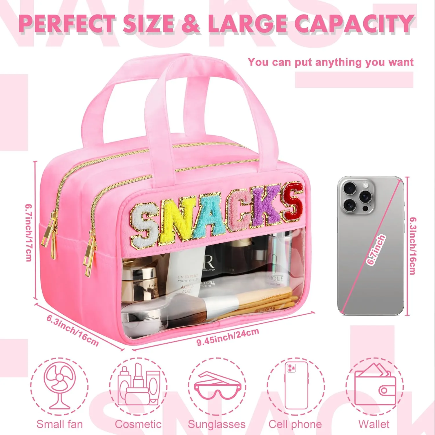 Chenille Letter Travel Makeup Bag, Preppy Patch Nylon Clear Cosmetic Tote with Handle and Zipper, Waterproof Large Snack & Stuff Bag Toiletry Storage Pouch for Women Girls (Pink-Snacks)
