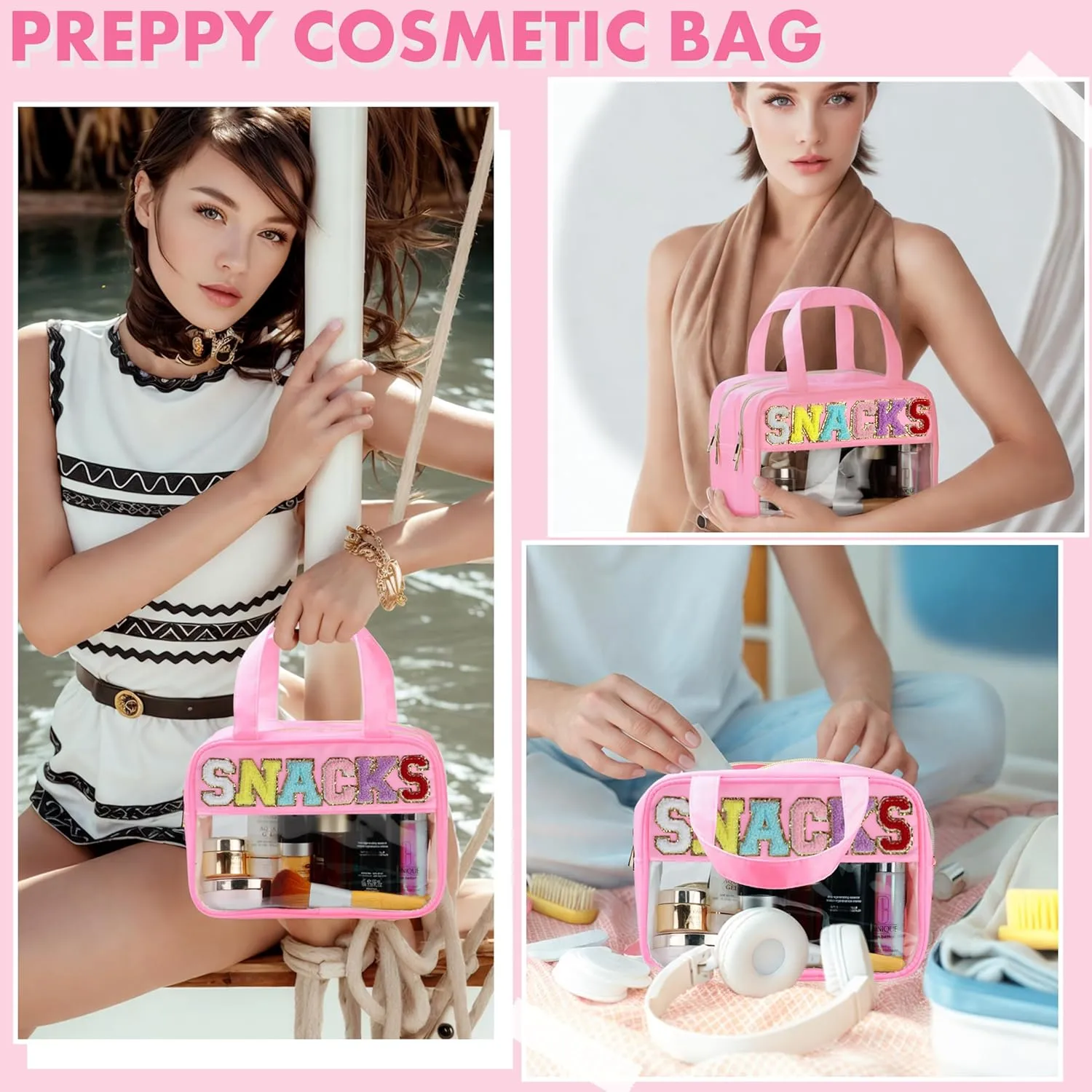 Chenille Letter Travel Makeup Bag, Preppy Patch Nylon Clear Cosmetic Tote with Handle and Zipper, Waterproof Large Snack & Stuff Bag Toiletry Storage Pouch for Women Girls (Pink-Snacks)