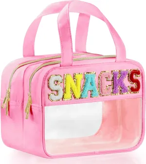 Chenille Letter Travel Makeup Bag, Preppy Patch Nylon Clear Cosmetic Tote with Handle and Zipper, Waterproof Large Snack & Stuff Bag Toiletry Storage Pouch for Women Girls (Pink-Snacks)