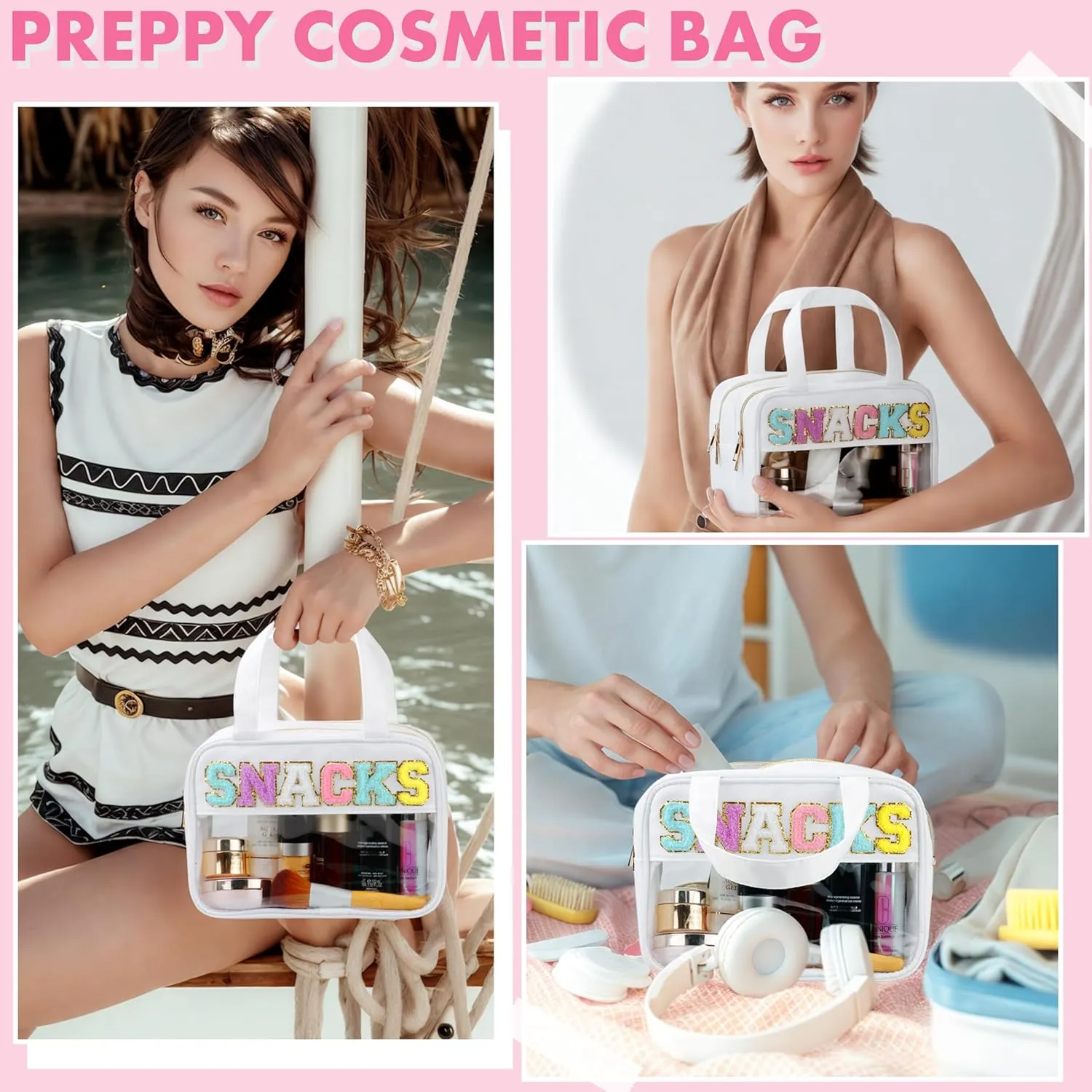 Chenille Letter Travel Makeup Bag, Preppy Patch Nylon Clear Cosmetic Tote with Handle and Zipper, Waterproof Large Snack & Stuff Bag Toiletry Storage Pouch for Women Girls (White-Snacks)