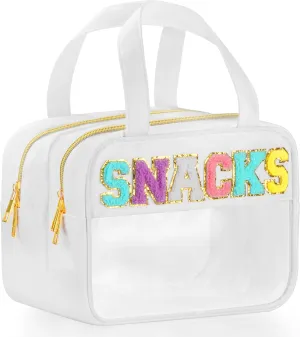 Chenille Letter Travel Makeup Bag, Preppy Patch Nylon Clear Cosmetic Tote with Handle and Zipper, Waterproof Large Snack & Stuff Bag Toiletry Storage Pouch for Women Girls (White-Snacks)