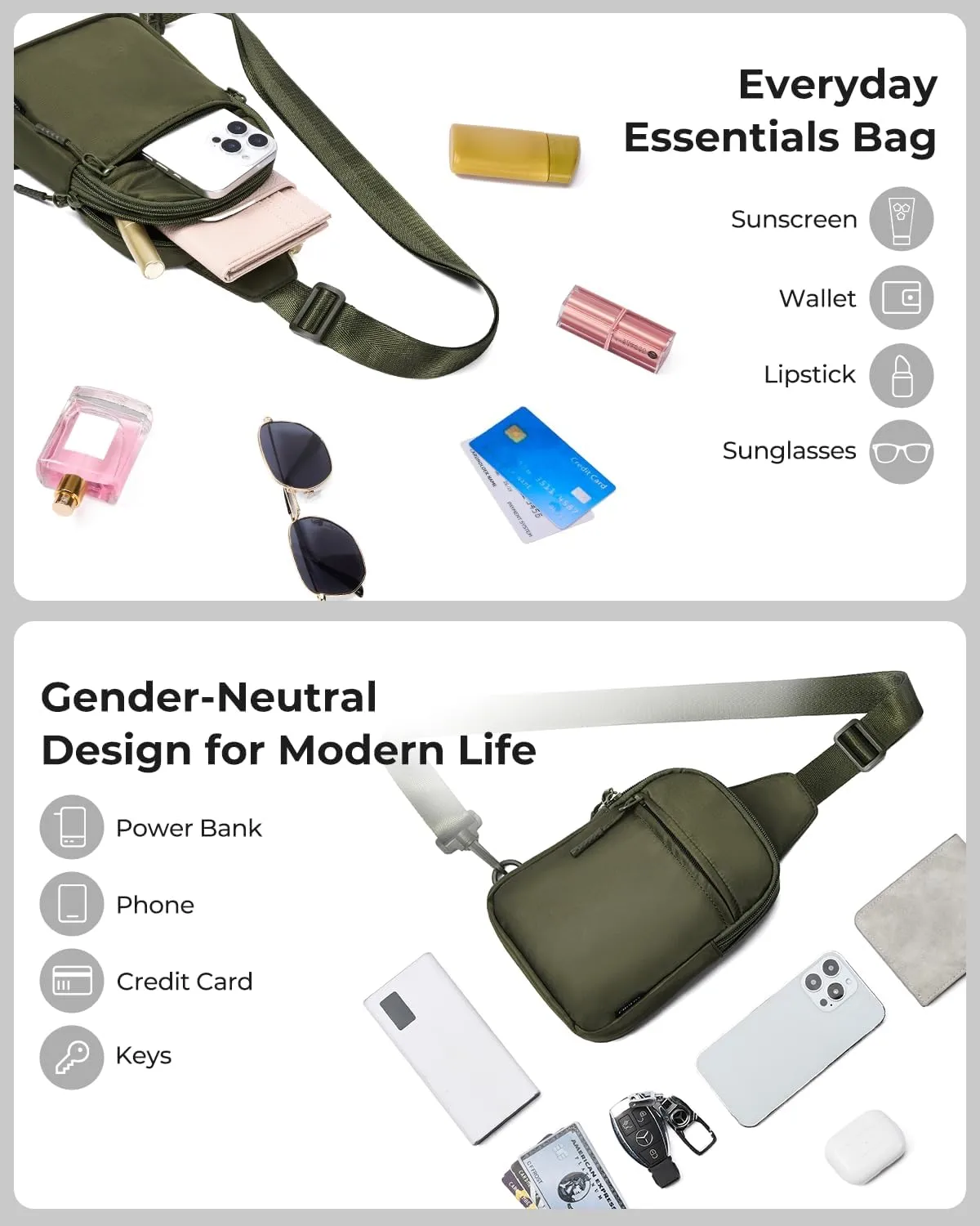 CHOLISS Small Crossbody Bags for Men and Women, Sling Backpack Travel Bag Nylon, Green