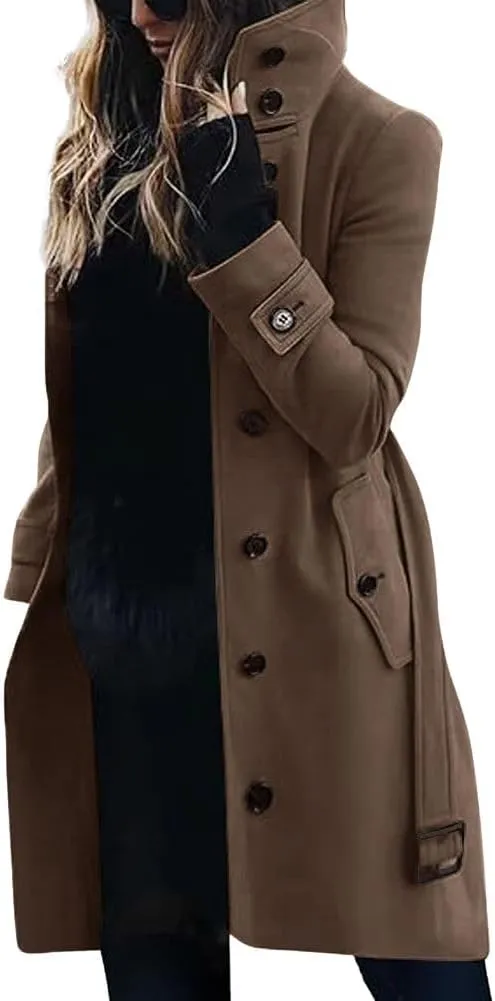 chouyatou Women's Single Breasted Stand Collar Wool Coat Business Casual Midi Long Winter Pea Coat
