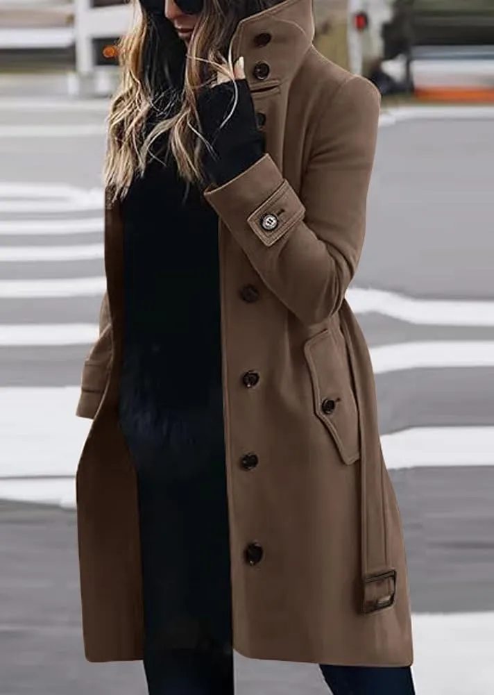 chouyatou Women's Single Breasted Stand Collar Wool Coat Business Casual Midi Long Winter Pea Coat