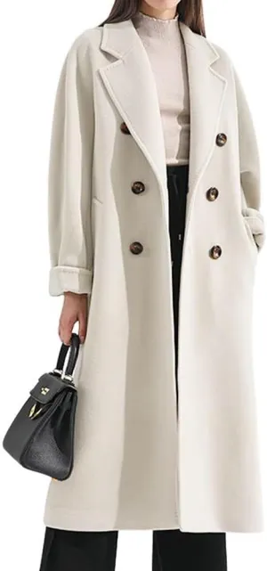 chouyatou Women's Winter Double Breasted Wool Coat Business Casual Midi Long Winter Trench Coat with Belt