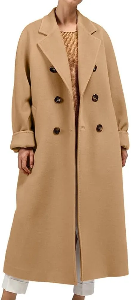 chouyatou Women's Winter Double Breasted Wool Coat Business Casual Midi Long Winter Trench Coat with Belt