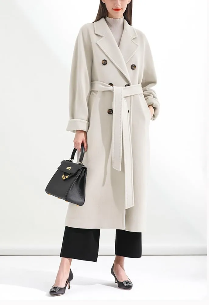 chouyatou Women's Winter Double Breasted Wool Coat Business Casual Midi Long Winter Trench Coat with Belt