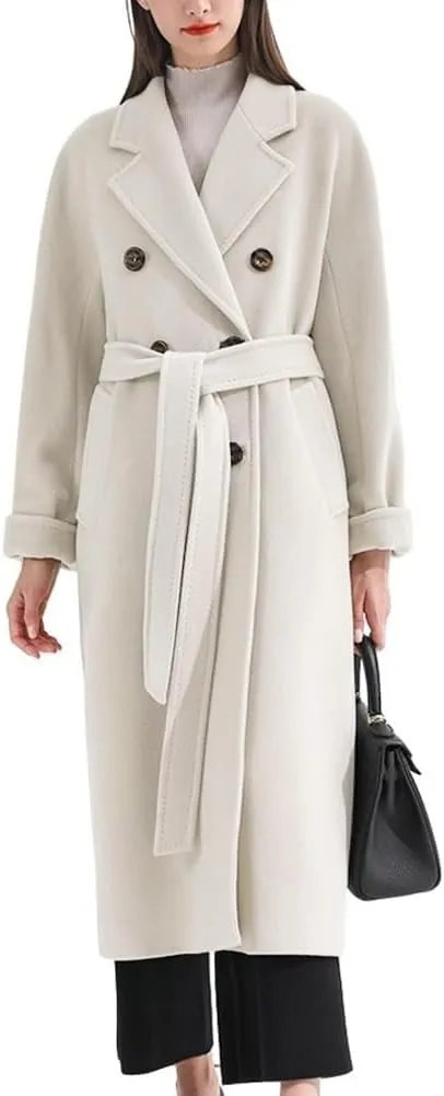 chouyatou Women's Winter Double Breasted Wool Coat Business Casual Midi Long Winter Trench Coat with Belt