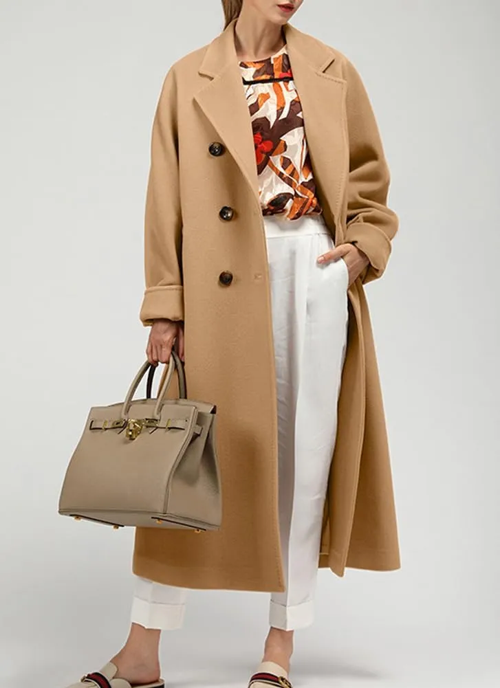 chouyatou Women's Winter Double Breasted Wool Coat Business Casual Midi Long Winter Trench Coat with Belt