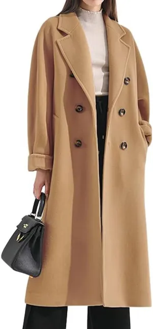 chouyatou Women's Winter Double Breasted Wool Coat Business Casual Midi Long Winter Trench Coat with Belt