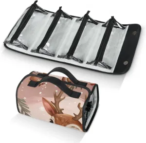 Christmas Cute Elk Travel Toiletry Bag for Women, 4 in 1 Roll Up Makeup Cosmetic Bag With 4 Removable PVC Zipper Pouch