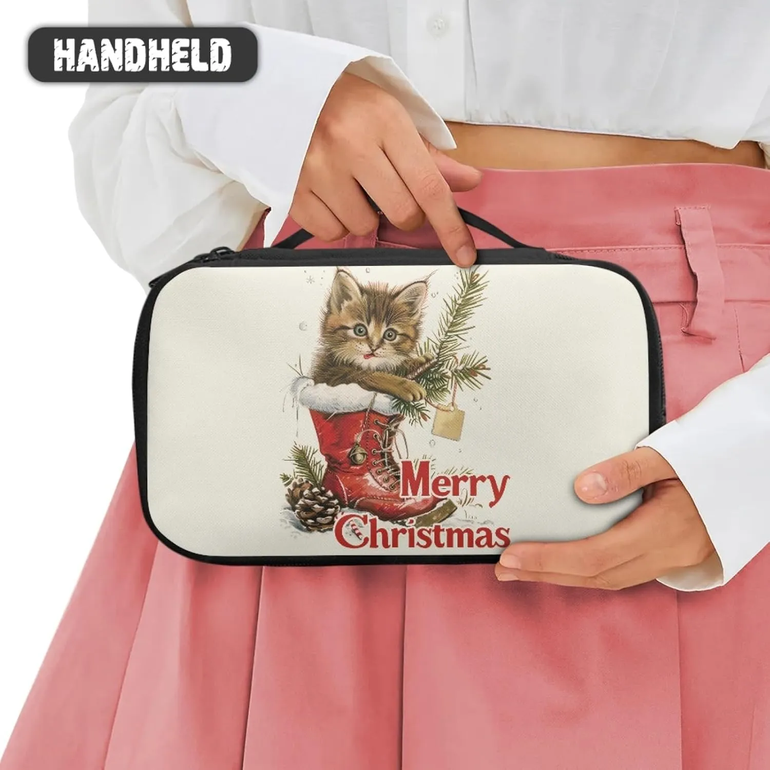 Christmas Ladies Cosmetic Bag,Cute Cat Makeup Bag for Women Lightweight Make Up Bag with Hand Strap Madam Makeupbag,Personalized Skin Care Bag for Woman Lady Handbag
