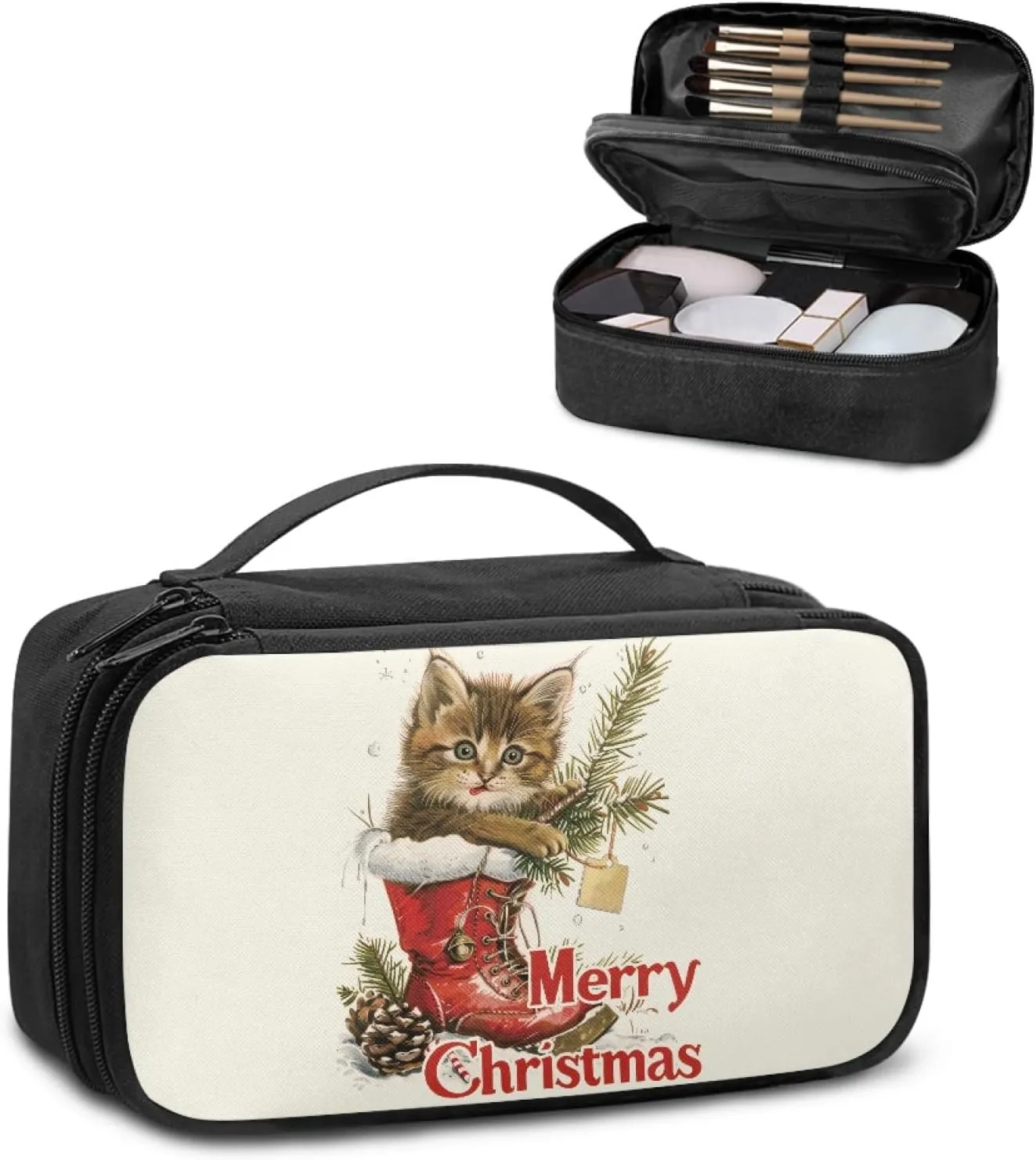 Christmas Ladies Cosmetic Bag,Cute Cat Makeup Bag for Women Lightweight Make Up Bag with Hand Strap Madam Makeupbag,Personalized Skin Care Bag for Woman Lady Handbag