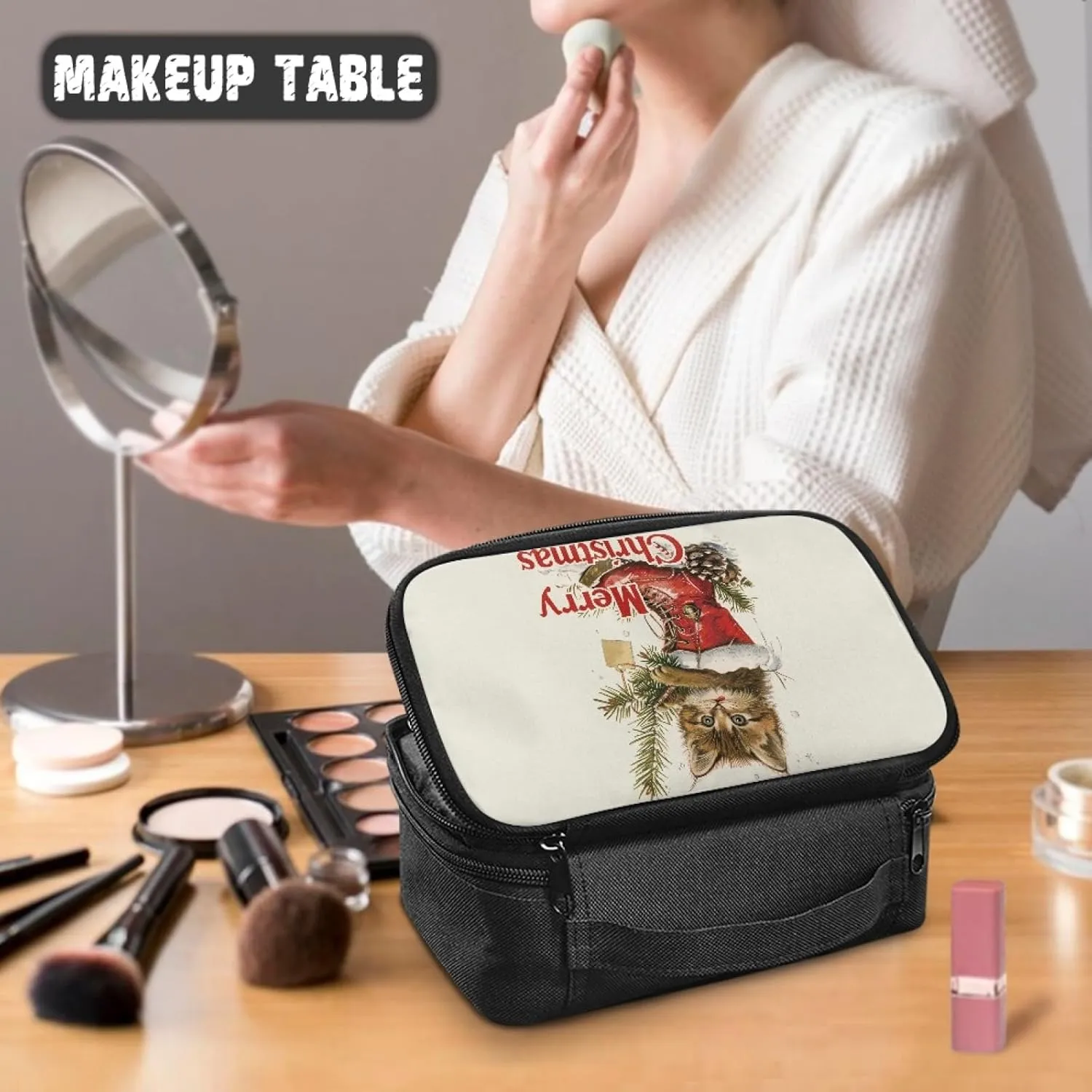 Christmas Ladies Cosmetic Bag,Cute Cat Makeup Bag for Women Lightweight Make Up Bag with Hand Strap Madam Makeupbag,Personalized Skin Care Bag for Woman Lady Handbag