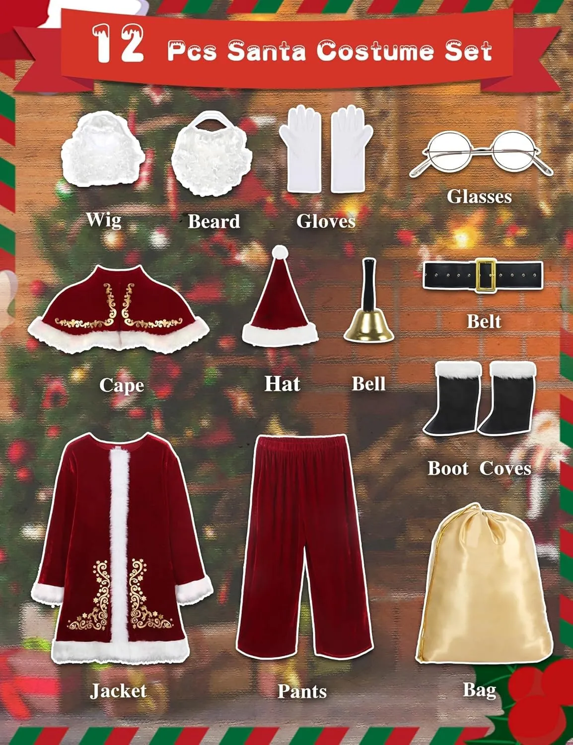 Christmas Santa Claus Costume for Men Adult 12pcs Santa Suit Deluxe Professional Velvet Outfit for Xmas Holiday Party