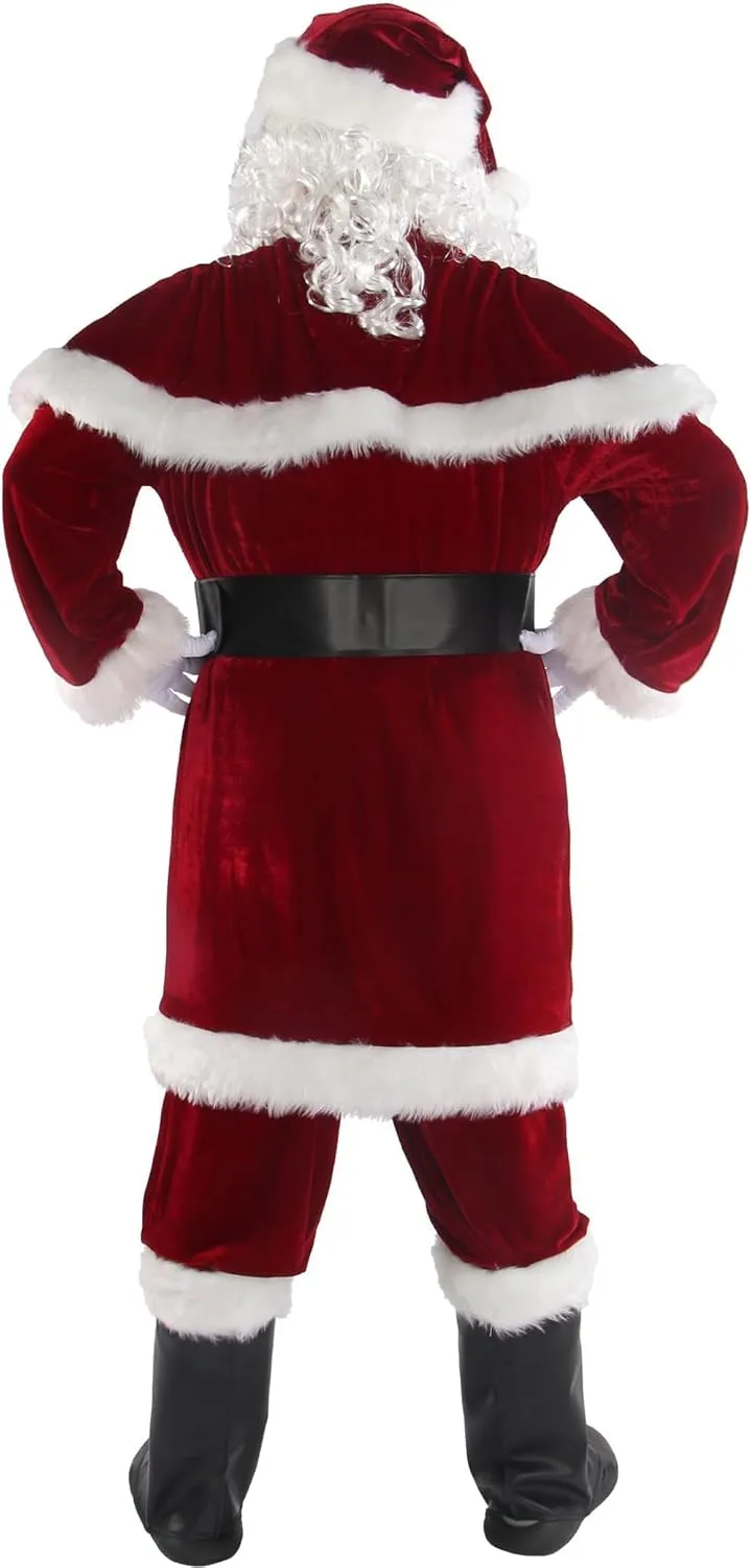 Christmas Santa Claus Costume for Men Adult 12pcs Santa Suit Deluxe Professional Velvet Outfit for Xmas Holiday Party
