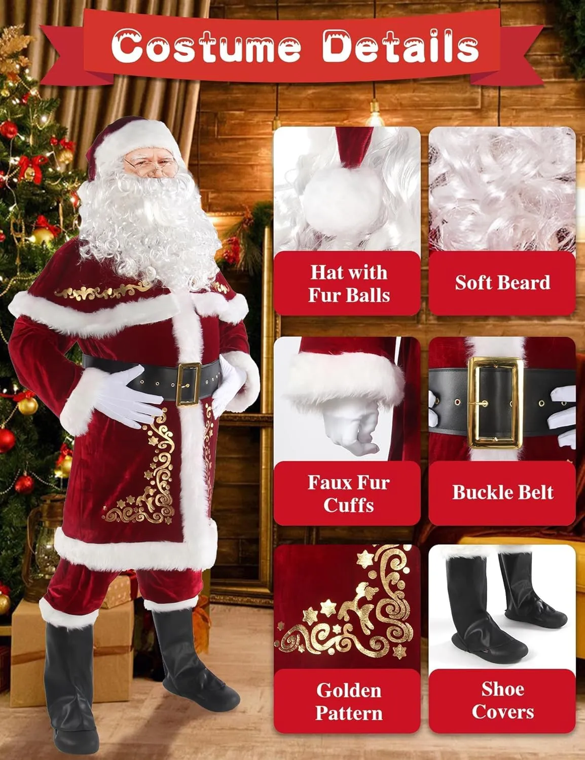 Christmas Santa Claus Costume for Men Adult 12pcs Santa Suit Deluxe Professional Velvet Outfit for Xmas Holiday Party