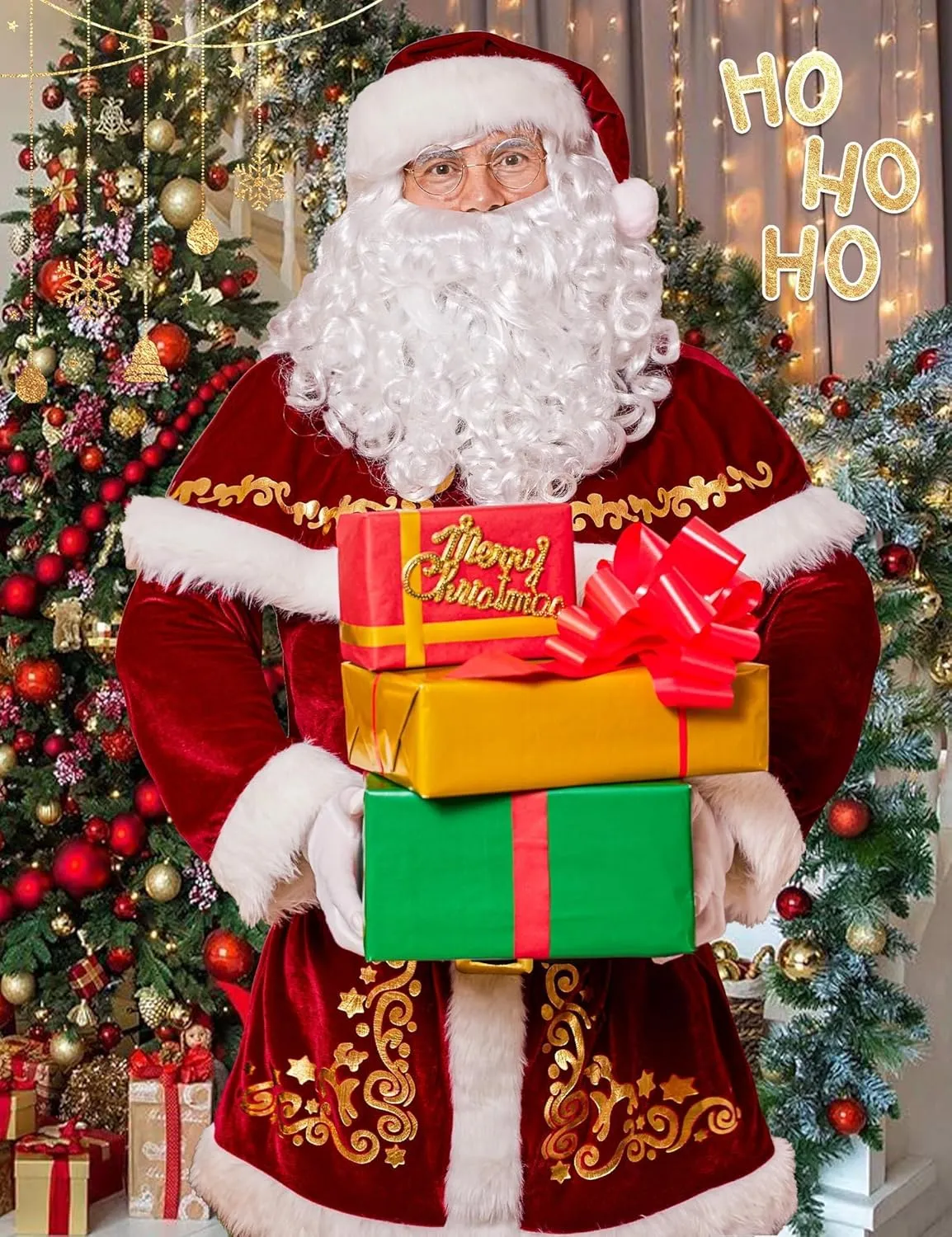 Christmas Santa Claus Costume for Men Adult 12pcs Santa Suit Deluxe Professional Velvet Outfit for Xmas Holiday Party