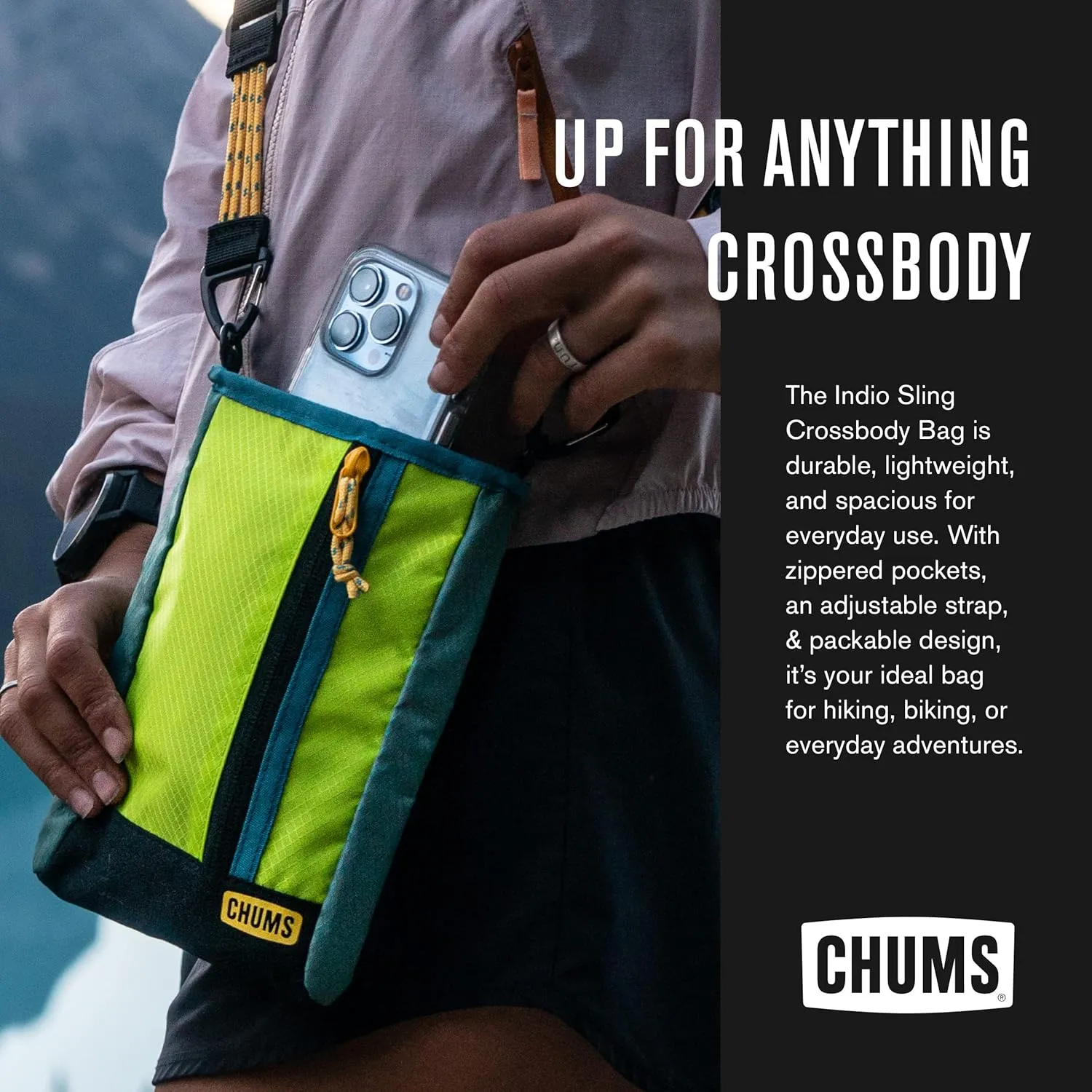 Chums Indio Sling Bag - Compact Nylon Crossbody Bag for Everyday Adventures - Purse w/Removable & Adjustable Straps - Travel Essential for Hiking, Camping, & More - Black/Teal-Tan