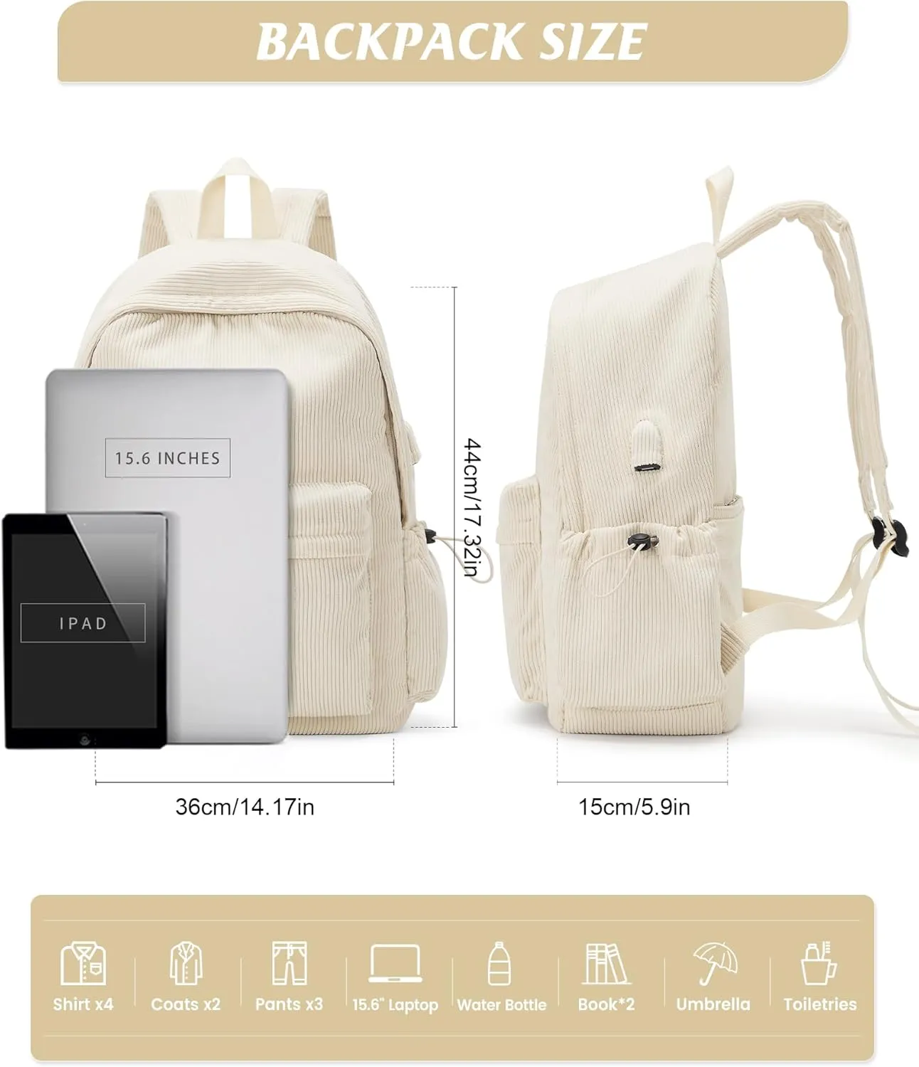 Classic Backpack For School Girls Boys Backpack with USB Charging Port College Back pack Lightweight Casual Daypacks Cute High School Bookbag for Students(Beige)