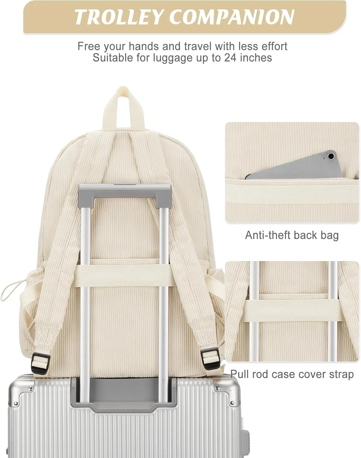 Classic Backpack For School Girls Boys Backpack with USB Charging Port College Back pack Lightweight Casual Daypacks Cute High School Bookbag for Students(Beige)