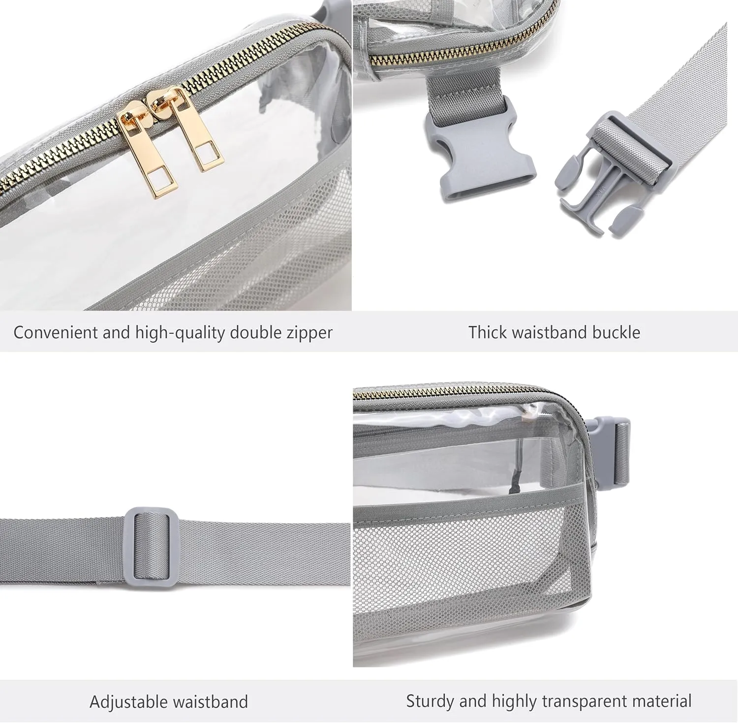 Clear Belt Bag Stadium Approved for Women Men - Fanny Pack With Adjustable Strap, Crossbody Waist Bag for Concerts, Sports, Travelling, Hiking, Running (Grey)