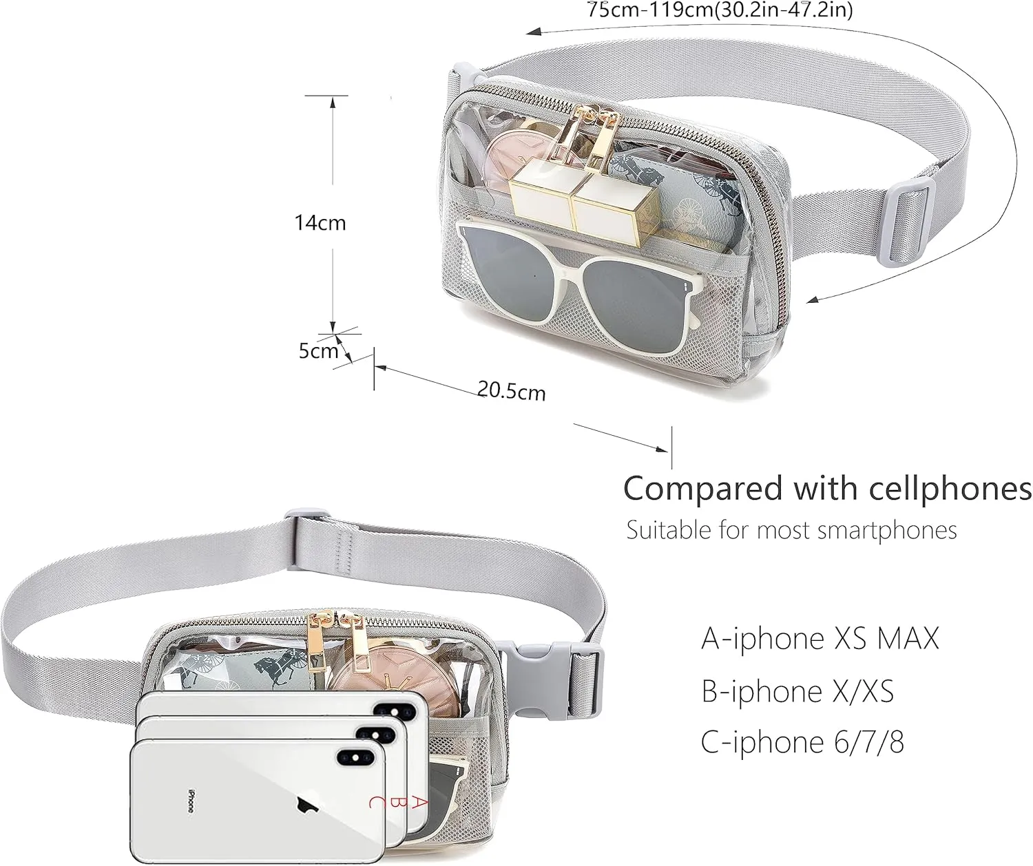 Clear Belt Bag Stadium Approved for Women Men - Fanny Pack With Adjustable Strap, Crossbody Waist Bag for Concerts, Sports, Travelling, Hiking, Running (Grey)