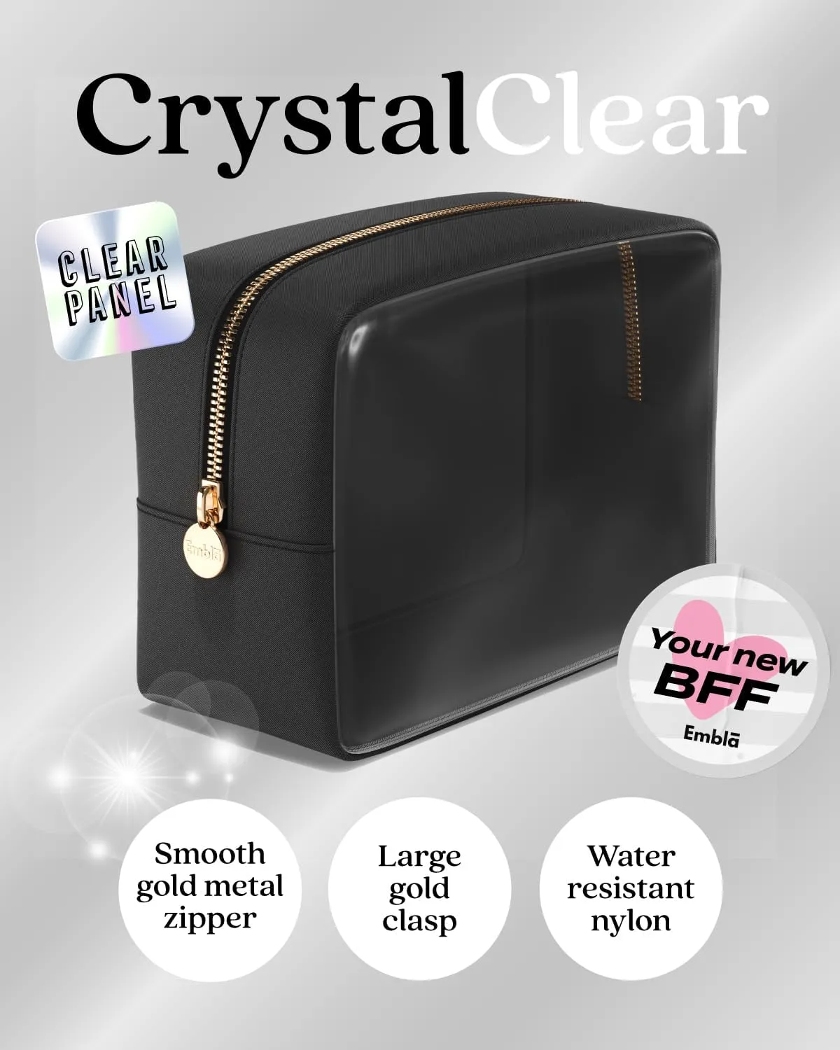 Clear Cosmetic Bags Set of 3, Mini Small Large Makeup Bags For Women Clear Pouch Cosmetics Cases Zipper Cute Pouches Make Up Travel Toiletry Essentials Preppy Purse Organizer Makeup Cases, Black