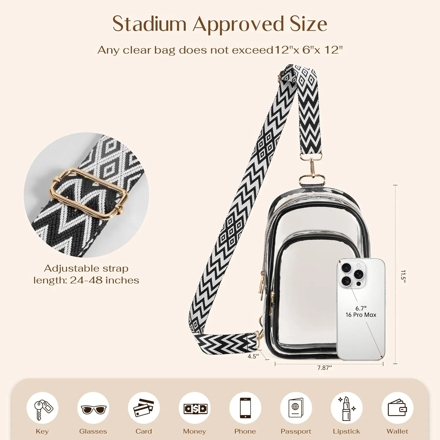 Clear Sling Bag for Stadium Events with 2 Long Straps - Multi-Pockets Crossbody Bags with Removable Strap - Concerts & Sports