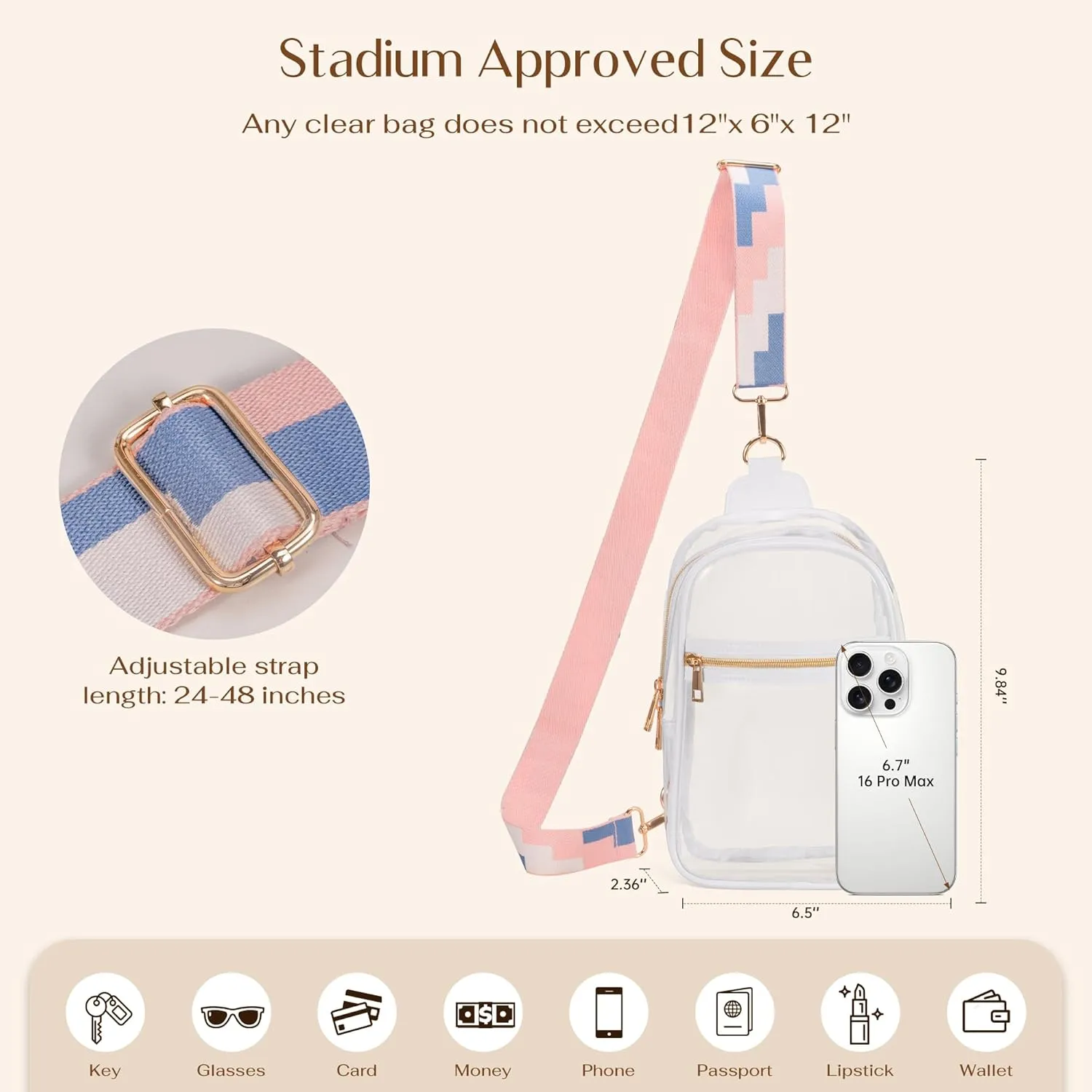 Clear Sling Bag for Stadium Events with 2 Long Straps - Multi-Pockets Crossbody Bags with Removable Strap - Concerts & Sports