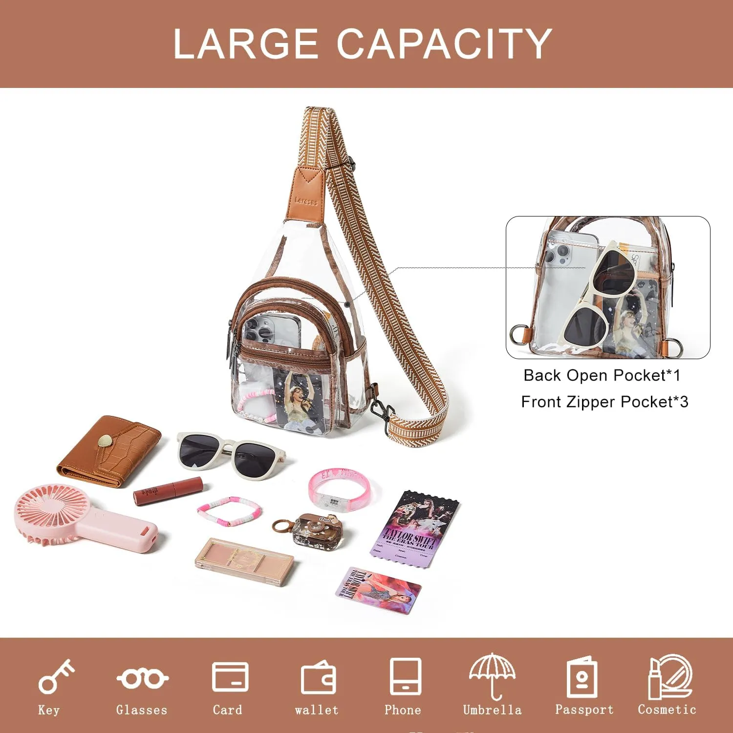 Clear Sling Bag - Stadium Approved Purse Backpack Crossbody Fanny Pack for Women & Men - Concert Events