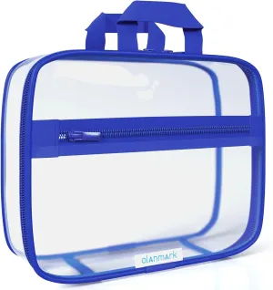 Clear Toiletry Bag - PVC Makeup Bag - Large Transparent Cosmetic Travel Case - See Through Packing Cube with Handle - Clear Bag with Zipper - Plastic Storage Pouch Navy