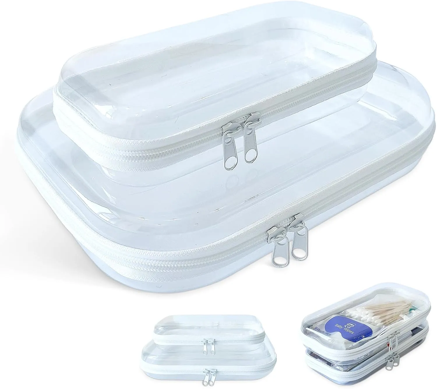 Clear Zipper Case for Storage, Portable Hard Case Clear, Hard Plastic Zipper Pouches for Snacks (2PCS)