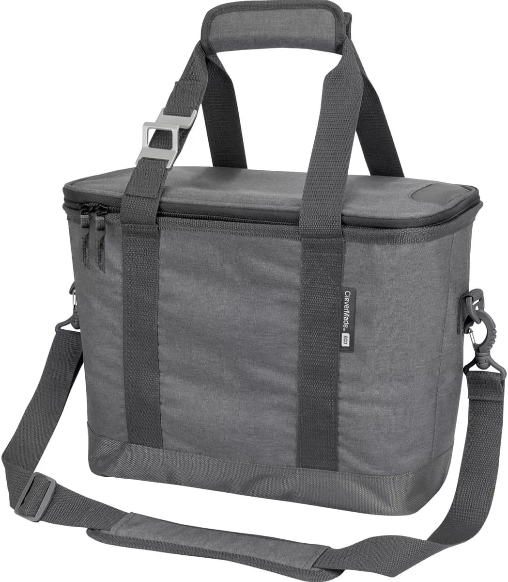 CleverMade Collapsible Insulated Cooler Bag – 30 Can Leakproof Soft Cooler for Beach, Travel, Car – Shoulder Strap, Bottle Opener - Heather Cool Gray/Shadow Gray