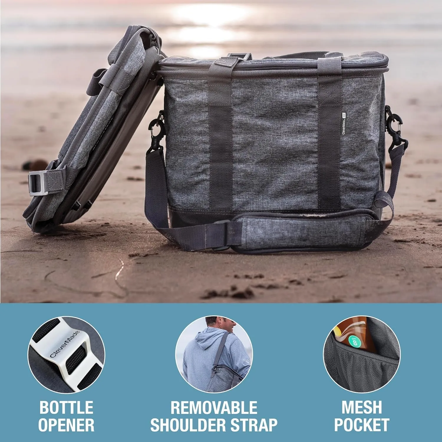 CleverMade Collapsible Insulated Cooler Bag – 30 Can Leakproof Soft Cooler for Beach, Travel, Car – Shoulder Strap, Bottle Opener - Heather Cool Gray/Shadow Gray